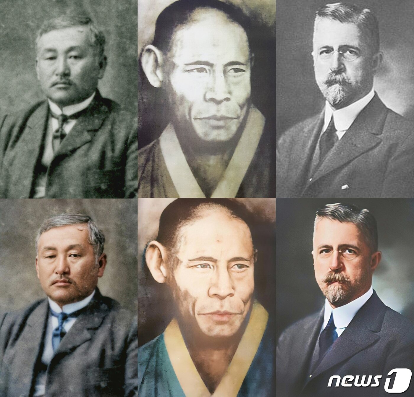 본문 이미지 - 사진은 최재형(왼쪽부터), 한용운, 호머 헐버트의 색채사진 복원 전과 후 모습. (국가보훈처 제공) 2023.2.27/뉴스1