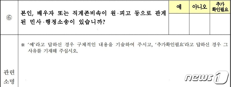 본문 이미지 - 정순신 변호사는 '공직 예비후보자 사전 질문서' 말미의 '본인 또는 가족이 관계된 민사, 행정 소송이 있는가'라는 물음에 재대로 답을 하지 않은 것으로 알려졌다. 이에 인사 검증라인도 정 변호사 아들의 학폭관련 행정소송이 있었던 사실을 지나친 것으로 전해졌다. (대통령실 공개 자료 갈무리)ⓒ 뉴스1   