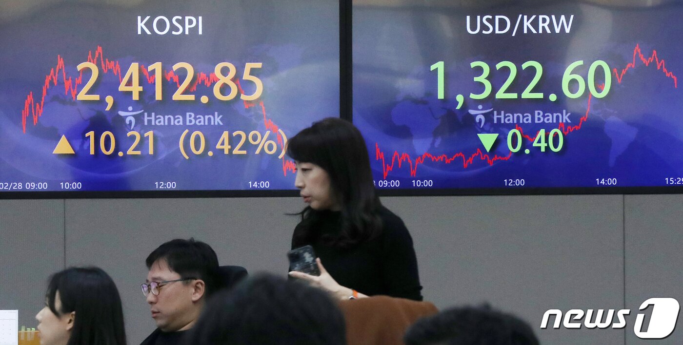 본문 이미지 - 서울 한 은행의 딜링룸 전광판. (자료사진) 2023.2.28/뉴스1