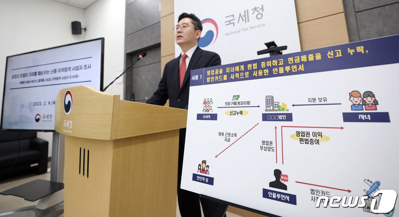 본문 이미지 - 오호선 국세청 조사국장이 9일 세종시 정부세종청사에서 공정과 준법의 가치를 훼손하는 신종·지역토착 사업자 세무조사 내용을 발표하고 있다. 국세청은 탈루혐의가 확인된 연예인, 웹툰 작가, 유튜버, 인플루언서, 플랫폼 사업자, 토착 사업자에 대해 강도 높은 세무조사에 착수 했다고 밝혔다. 2023.2.9/뉴스1 ⓒ News1 김기남 기자