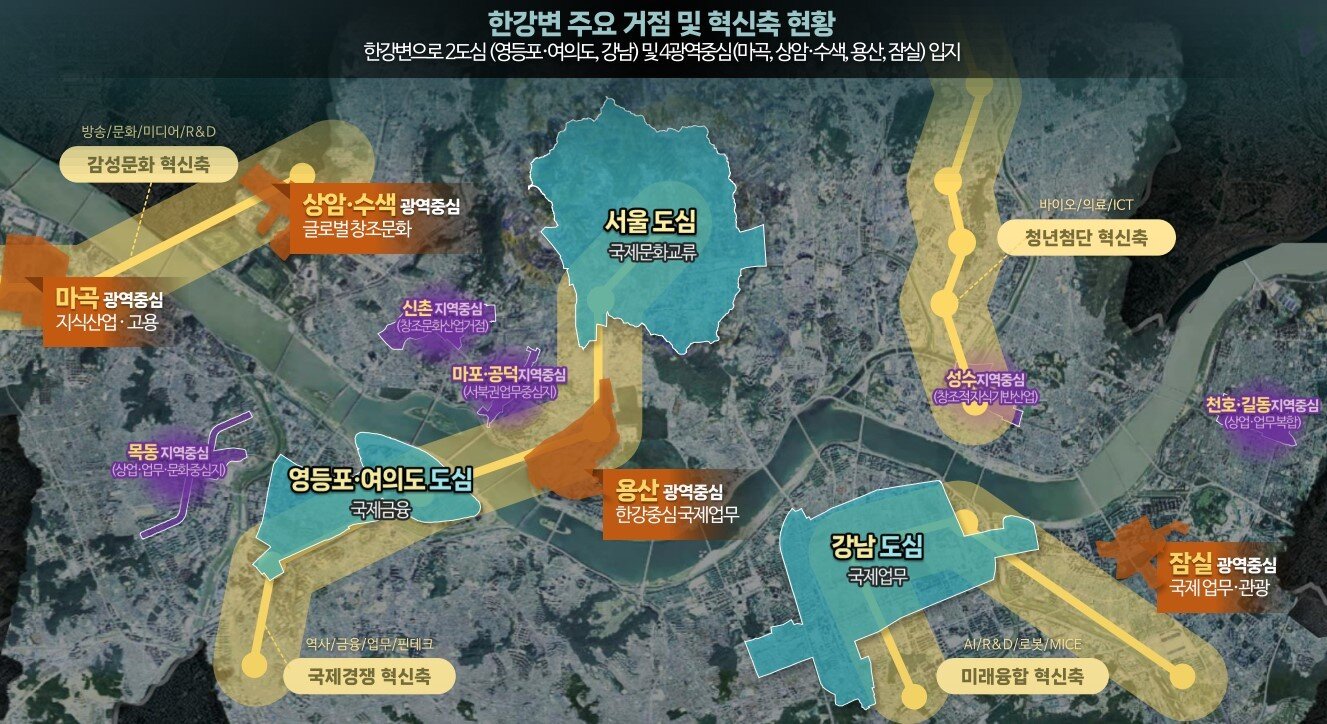 본문 이미지 - 한강변 주요 거점 및 혁신축(서울시 제공).