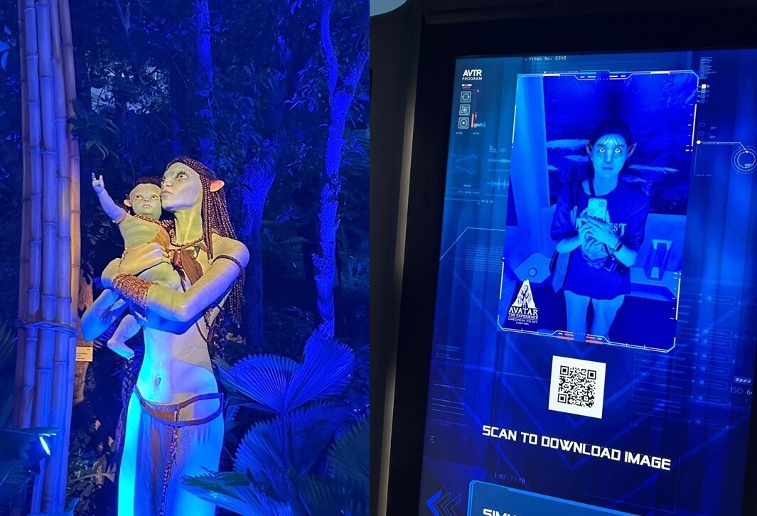 본문 이미지 - 아바타 주인공인 네이티리와 아이 나비족의 모습(왼쪽), 나비족 외형으로 바꿔주는 스테이션ⓒ News1 