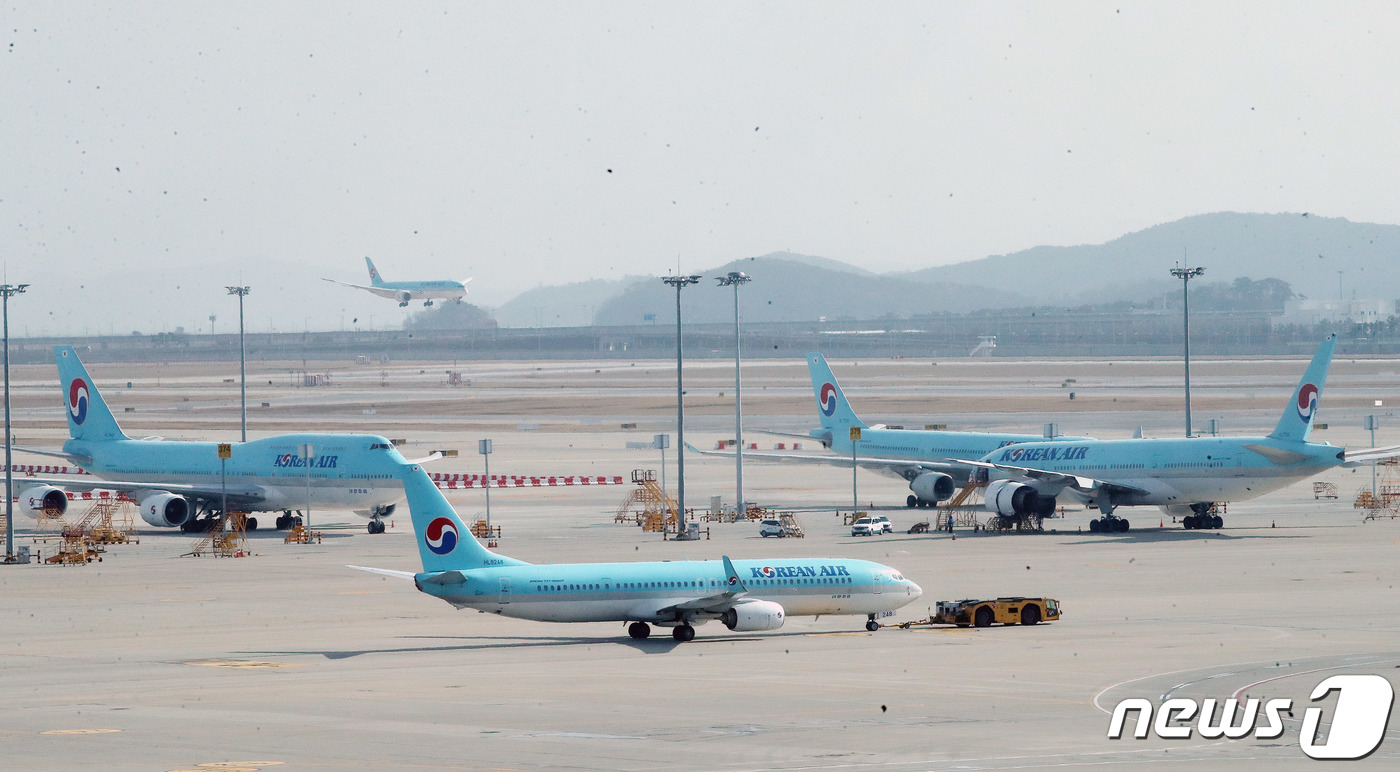 (인천공항=뉴스1) 박세연 기자 = 12일 인천국제공항 2터미널에서 대한항공 여객기가 착륙, 계류하고 있다.대한항공과 아시아나항공이 다음달부터 코로나 사태 이전의 60% 이상 수준 …