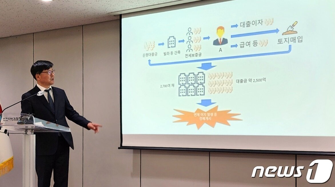 본문 이미지 - 박영빈 인천지검 제1차장검사가 15일 오전 10시30분 인천지검 12층 브리핑실에서 '건축왕' 전세사기 사건 중간수사결과를 브리핑하고 있다. 2023.3.15/뉴스1 ⓒ News1 박아론 기자