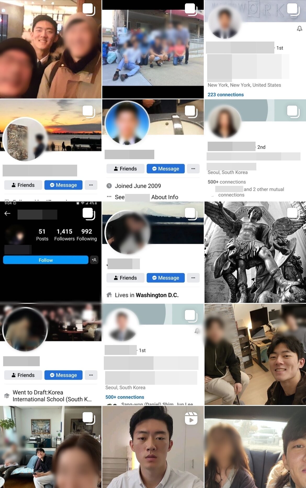 본문 이미지 - 우원씨 SNS에 가득한 지인들의 사진과 프로필. 우원씨는 이들이 성범죄와 마약범죄를 저질러왔다고 폭로했다. (인스타그램)