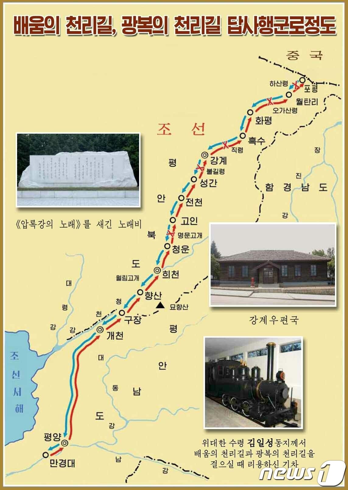 본문 이미지 - (평양 노동신문=뉴스1) = 북한 노동당 기관지 노동신문은 16일 김일성 주석이 '배움의 천리길'에 나선 때로 100돌이 되는 날이라고 기념했다. 사진은 김 주석이 걸었다는 배움의 천리길 답사행군로. [국내에서만 사용가능. 재배포 금지. DB 금지. For Use Only in the Republic of Korea. Redistribution Prohibited] rodongphoto@news1.kr