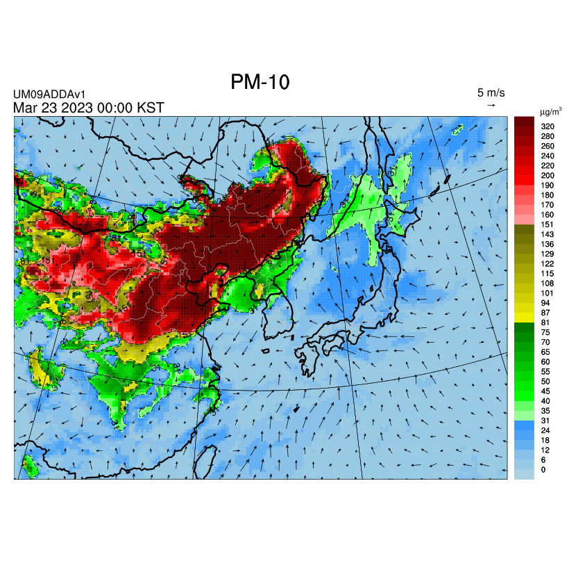 본문 이미지 - 한반도 대기질 예측모델 중 미세먼지(PM10) 결과(한국환경공단 제공) ⓒ 뉴스1