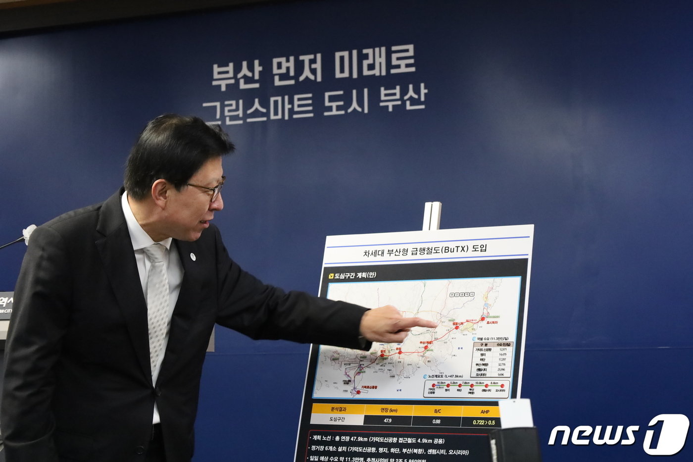 본문 이미지 - 박형준 부산시장이 23일 오전 시청 브리핑룸에서 차세대 부산형 급행철도 사업에 대해 설명하고 있다.2023.3.23. 손연우기자 