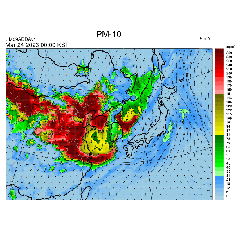 본문 이미지 - 24dlf 한반도 대기질 예측모델 중 미세먼지&#40;PM10&#41; 결과&#40;한국환경공단 제공&#41; ⓒ 뉴스1
