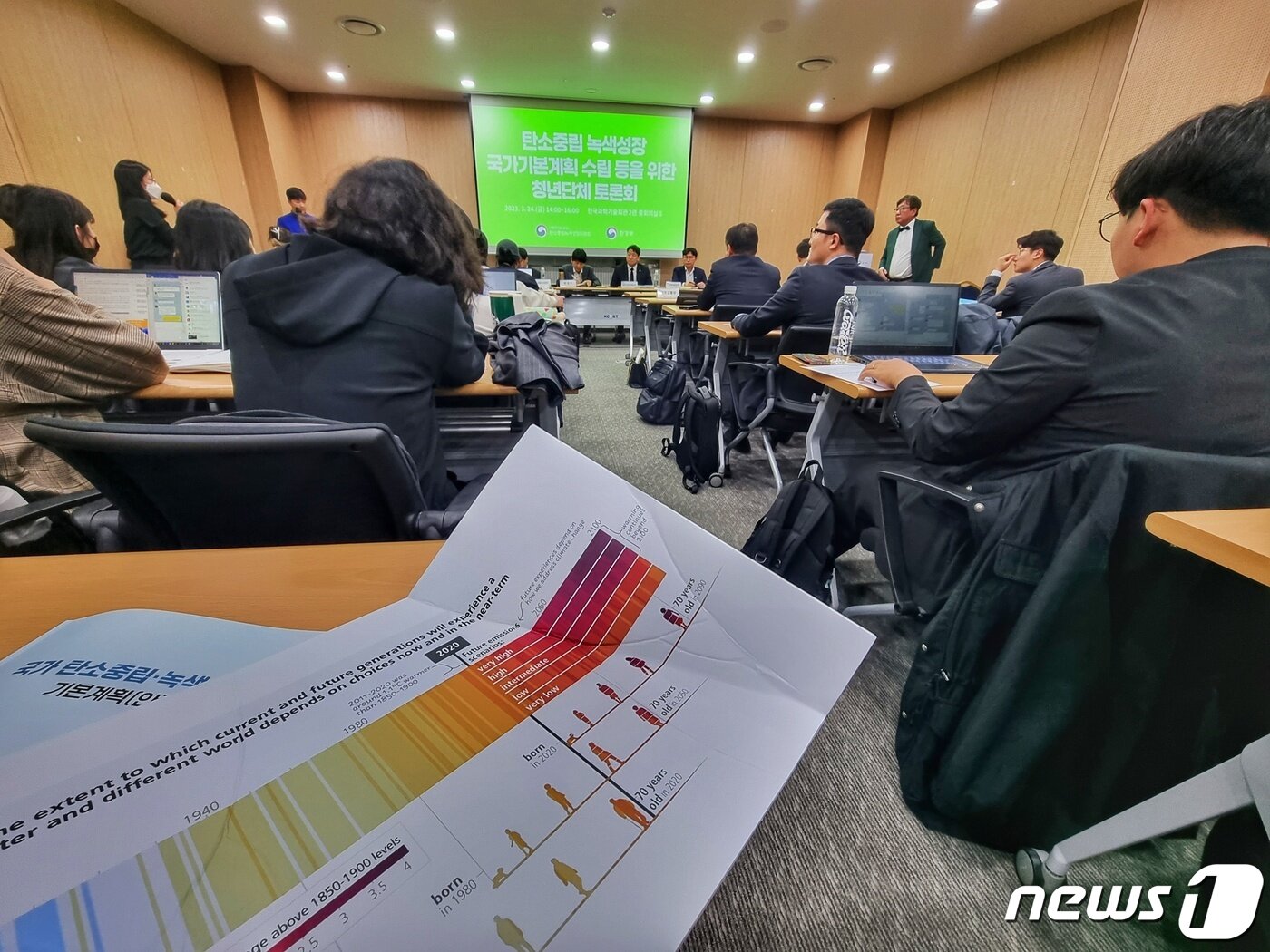 본문 이미지 - 기후변화청년모임 빅웨이브 회원이 24일 오후 한국과학기술회관 중회의실에서 열린 탄소중립 녹색성장 국가기본계획 수립 등을 위한 청년단체 토론회에서 김상협 2050 탄소중립녹색성장위원회(탄녹위) 민간위원장의 답변 부실에 반발하며 기후변화에 관한 정부 간 협의체(IPCC)의 제6차 평가보고서 종합보고서를 던지고 퇴장하고 있다. 2023.3.24/뉴스1 ⓒ News1 황덕현 기후환경전문기자