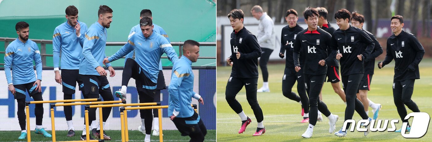본문 이미지 - 대한민국 축구 국가대표팀(오른쪽 사진)과 우루과이 대표팀이 27일 오후 경기도 파주 축구국가대표트레이닝센터(NFC)와 서울월드컵경기장에서 각각 친선경기 공식 훈련을 하고 있다. 2023.3.27/뉴스1 ⓒ News1 박정호 기자