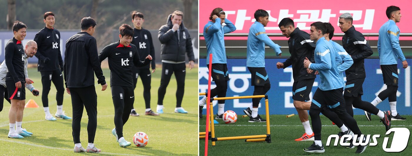 본문 이미지 - 대한민국 축구 국가대표팀(왼쪽 사진)과 우루과이 대표팀이 27일 오후 경기도 파주 축구국가대표트레이닝센터(NFC)와 서울월드컵경기장에서 각각 친선경기 공식 훈련을 하고 있다. 2023.3.27/뉴스1 ⓒ News1 박정호 기자