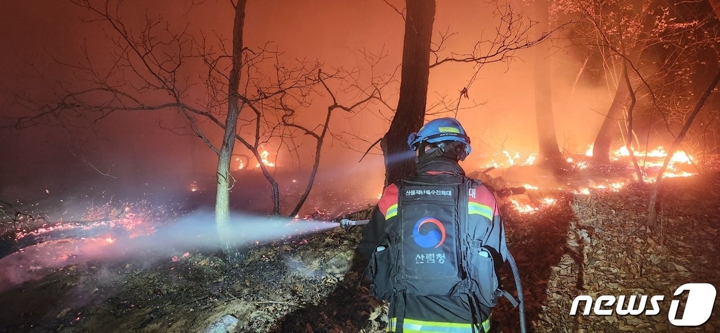 본문 이미지 - 30일 오후 강원 화천군 중리에서 산불이 발생해 산불진화대원 등 진화요원들이 야간 진화 작업을 벌이고 있다. (산림청 제공) 2023.3.30/뉴스1