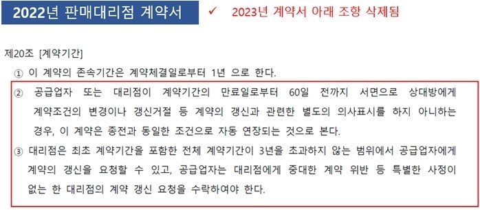 신규계약서에서 삭제된 기존 계약서 조항 내용