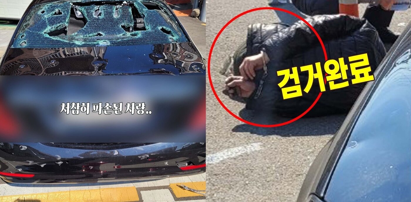 본문 이미지 - 벤츠 파손 현장에서 현행범으로 체포된 A씨. (부산경찰 제공)