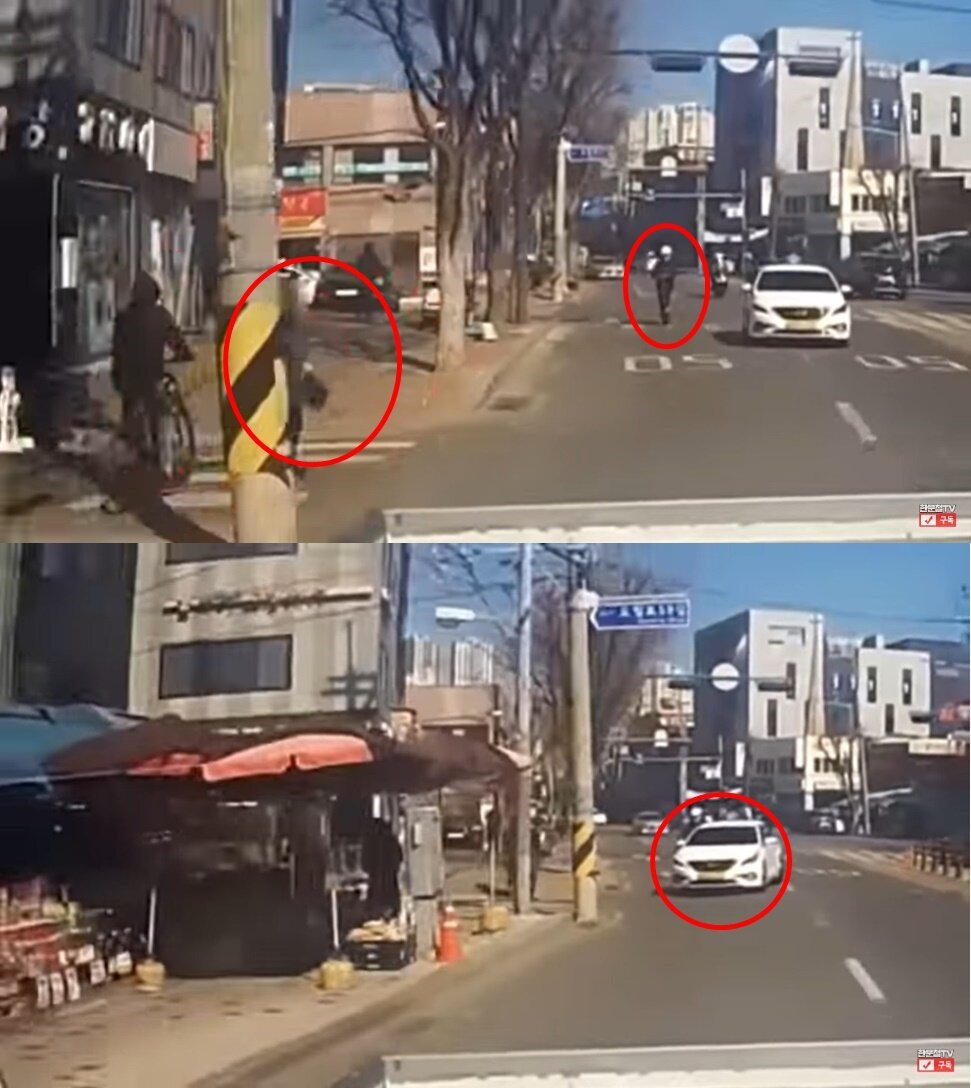 본문 이미지 - 지난달 21일 오후 1시쯤 서울 영등포구의 한 도로에서 발생한 사고 장면. (유튜브 '한문철TV' 갈무리)