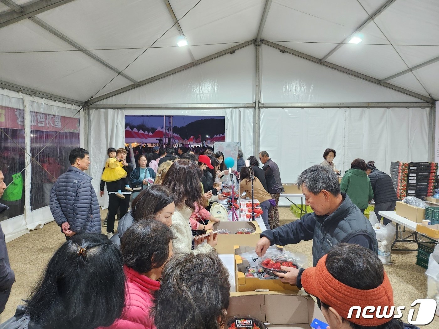  8일 논산시민공원에서 열린 &#39;2023 논산 딸기 축제&#39; 딸기 판매관에서 방문객들이 설향, 킹스베리 등을 사기 위해 몰려있다./ 뉴스1 ⓒ News1 최형욱 기자 