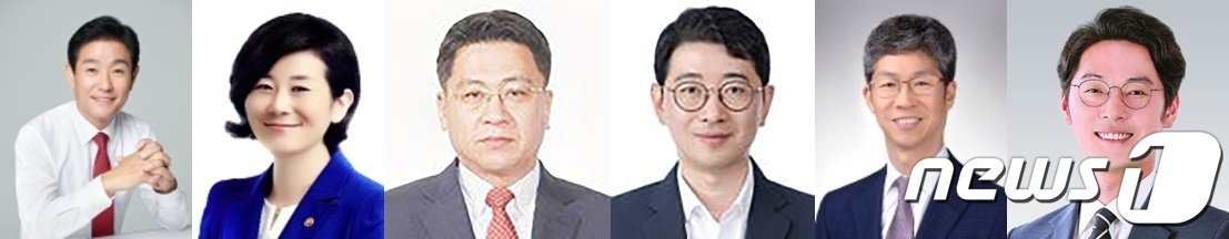  부산 연제지역구 출마가 거론되는 후보군들. 왼쪽부터 이주환 국회의원, 김희정 전 의원, 김윤일 미래정책비서관, 주진우 법률비서관&#40;이상 국민의힘&#41;, 이성문 전 연제구청장, 김태훈 전 부산시의원&#40;이상 민주당&#41;