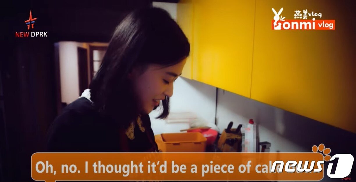 본문 이미지 -  새로운 북한 유튜버 연미(Yonmi) 뒤로 '모자이크' 처리된 세제가 있다. (NEW DPRK 갈무리)