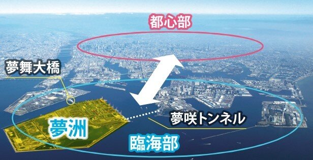 본문 이미지 - 일본 최초 카지노 시설이 들어설 오사카만의 유메시마. 노란색 으로 표시된 부분이 인공섬 유메시마다. (출처 : 오사카부 누리집)