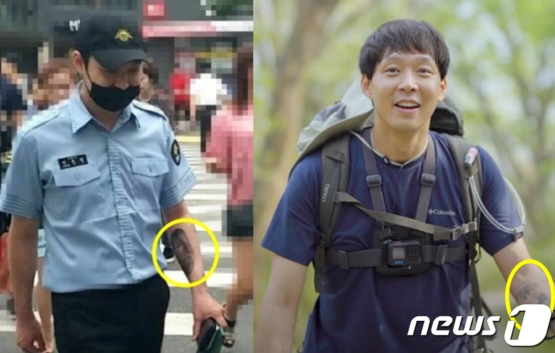 본문 이미지 - 박유천이 과거 팔뚝에 전 여자친구 황하나씨의 얼굴을 문신으로 새겼다가 지운 뒤, 현재 같은 자리에 애니메이션 '짱구' 문신을 새겼다. (온라인 커뮤니티/ 유튜브 채널 '로그북 오피셜' 갈무리)
