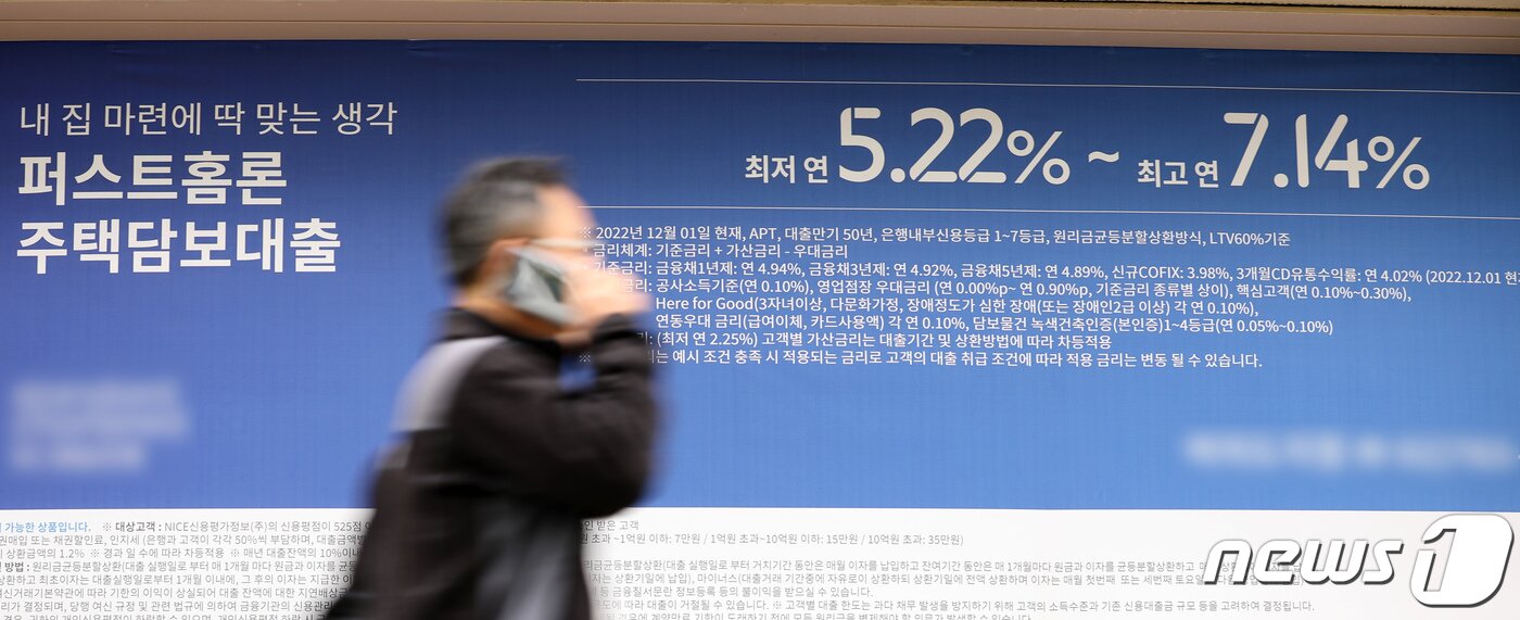 본문 이미지 - 시중은행의 대출금리가 한국은행이 기준 금리 인상을 시작한 약 1년 반 전 수준까지 떨어지고 있다.  서울 시내의 한 은행 외관에 대출 관련 현수막이 게시돼 있다. 2023.4.17/뉴스1 ⓒ News1 이승배 기자