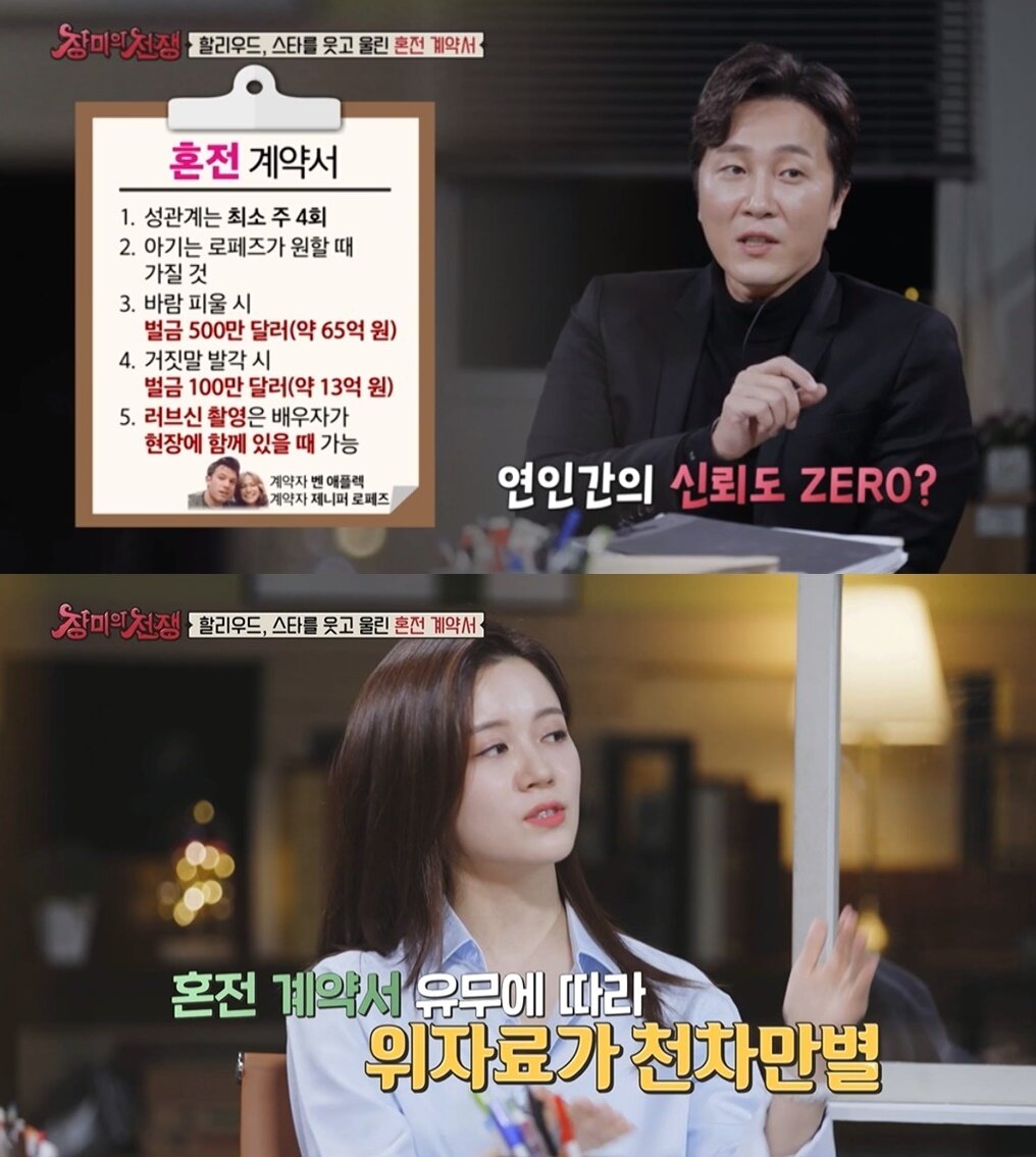 본문 이미지 - 제니퍼 로페즈와 벤 애플렉이 지난 2003년 작성한 혼전 계약서. (MBC에브리원 '장미의 전쟁' 갈무리)