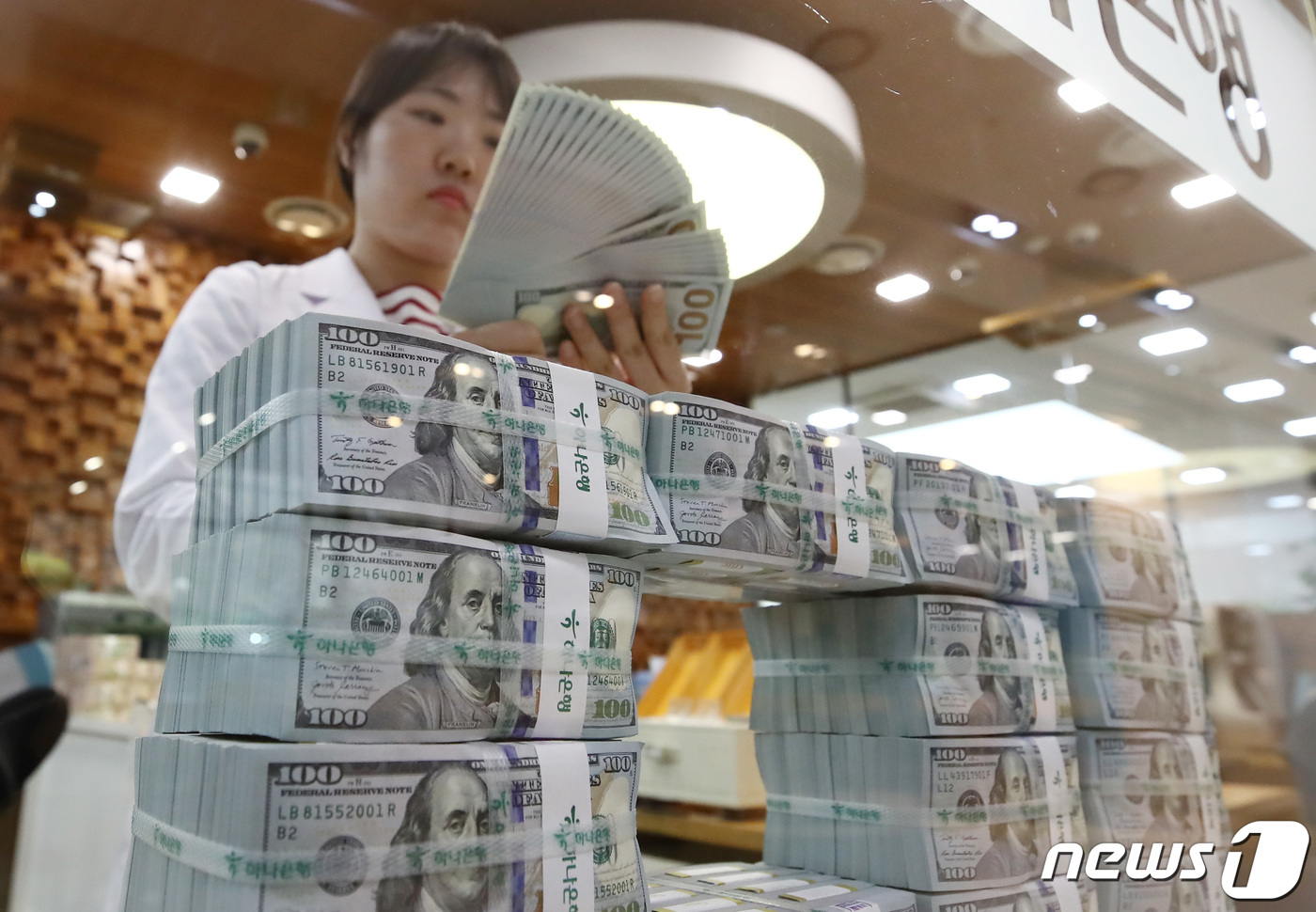 (서울=뉴스1) 김민지 기자 = 26일 서울 중구 하나은행 위변조대응센터에서 직원이 미국 달러화를 정리하고 있다.이날 IMF와 국제금융센터에 따르면 지난해 우리나라의 IMF 외환보 …