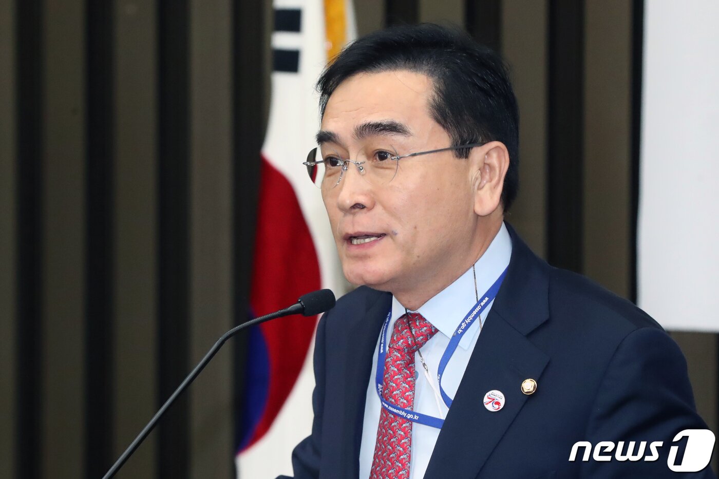 본문 이미지 - 태영호 국민의힘 의원이 27일 오후 서울 여의도 국회에서 열린 의원총회에서 한미정상회담 관련 보고를 하고 있다. ⓒ News1 황기선 기자