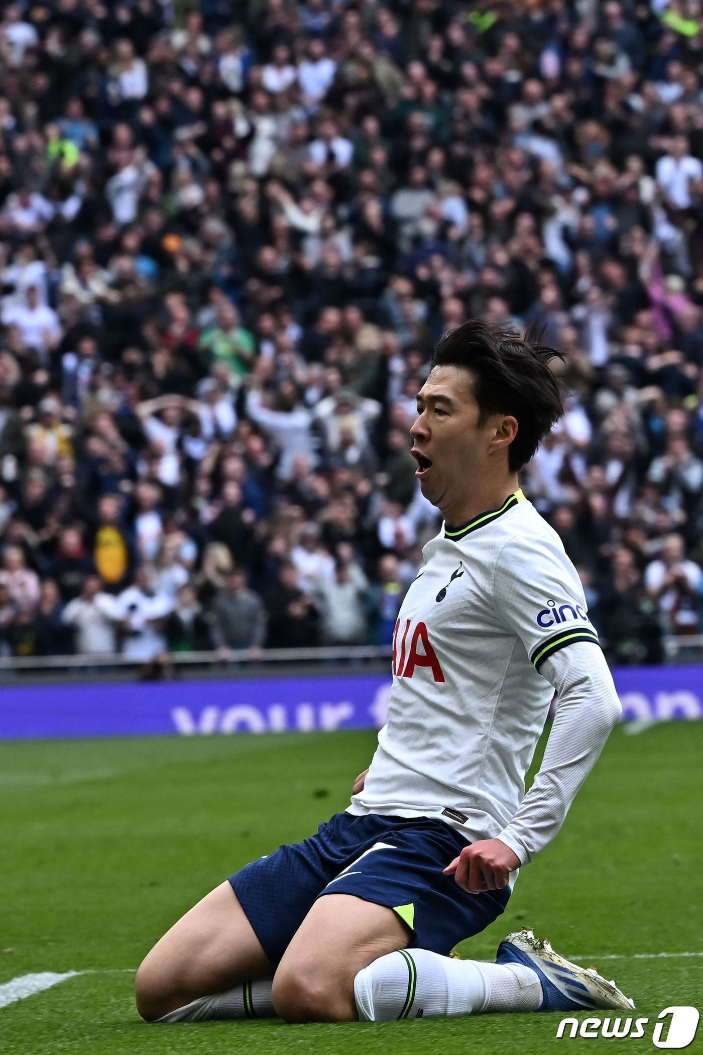 본문 이미지 - 토트넘의 손흥민이 8일(현지시간) 런던의 토트넘 홋스퍼 스타디움에서 열린 EPL 브라이턴 앤드 호브 앨비언과 경기서 역대 34번째이며, 아시아 선수 최초로100골 금자탑을 세우며 기뻐하고 있다. ⓒ AFP=뉴스1 ⓒ News1 우동명 기자