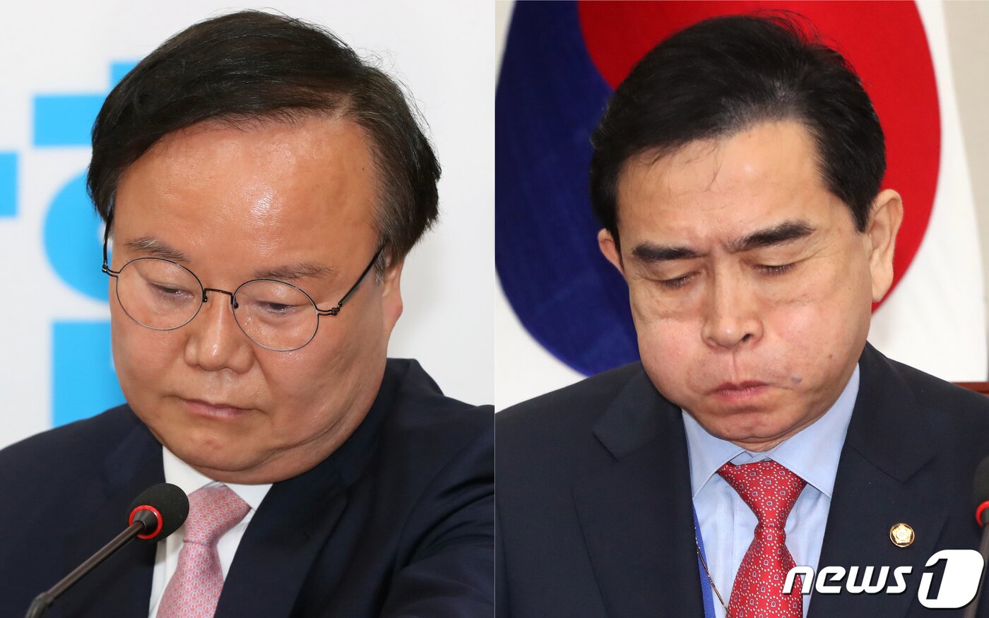 본문 이미지 - 김재원(왼쪽)·태영호 국민의힘 최고위원이 1일 오전 서울 여의도 국회에서 열린 최고위원회의에서 생각에 잠겨 있다. 이날 국민의힘 윤리위원회는 중앙당사에서 전체회의 후 브리핑에서 "설화(舌禍) 논란을 불러온 김재원, 태영호 최고위원에 대한 징계 절차를 개시하기로 결정했다＂고 밝혔다. 2023.5.1/뉴스1 ⓒ News1 황기선 기자