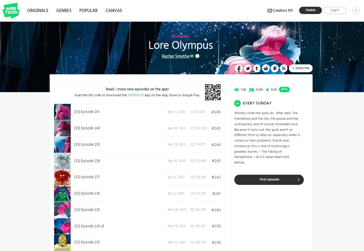 본문 이미지 - 네이버 웹툰엔터테인먼트 누리집에 게재된 히트작 '로어 올림푸스' (출처 : 웹툰엔터테인먼트)