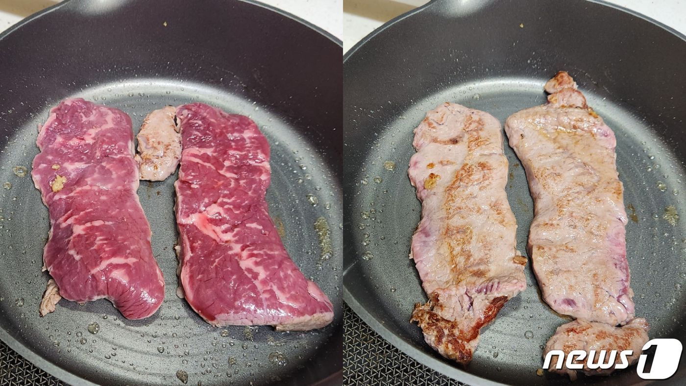 본문 이미지 - 프라이팬을 달궈 고기를 구운 모습. 고기가 익은 정도를 통해 열이 바닥 전체로 고르게 전도된 모습을 확인할 수 있다. 2023.05.12 ⓒ 뉴스1 김예원 기자