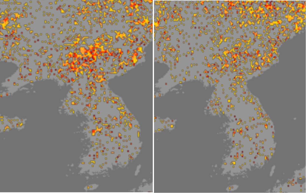 본문 이미지 - 북한 가뭄지수를 보여주는 미 국립해양대기청(NOAA) 자료.  왼쪽이 4월24~30일, 오른쪽이 5월1~7일로 '심각'을 나타내는 검붉은색 점이 5월에 내린 비로 다소 옅어졌다. (NOAA 홈페이지) ⓒ 뉴스1  
