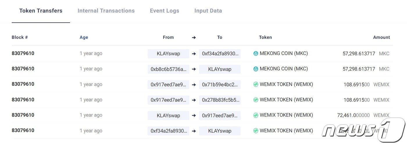 본문 이미지 - 김남국 의원이 클레이스왑에서 위믹스 7만여개를 매도하고 메콩코인 5만7000여개를 사들인 거래기록. 클레이튼스코프 갈무리
