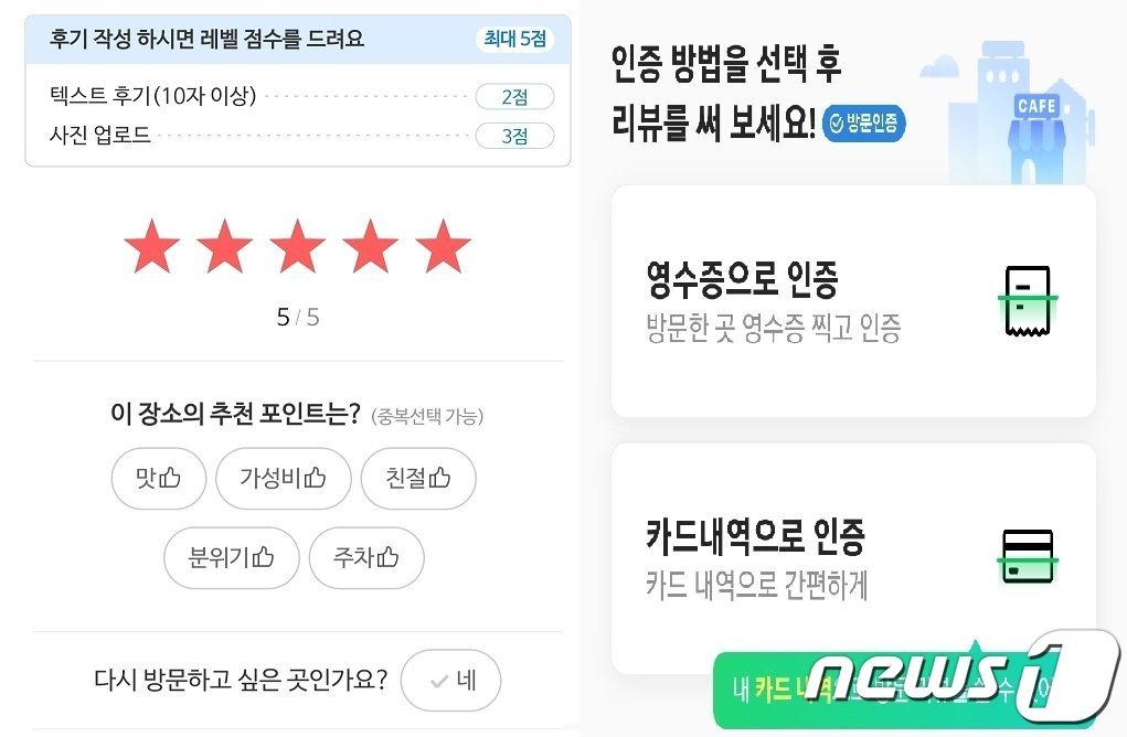 본문 이미지 - (왼쪽부터) '카카오맵'과 '네이버 지도'의 리뷰 작성 화면.ⓒ 뉴스1