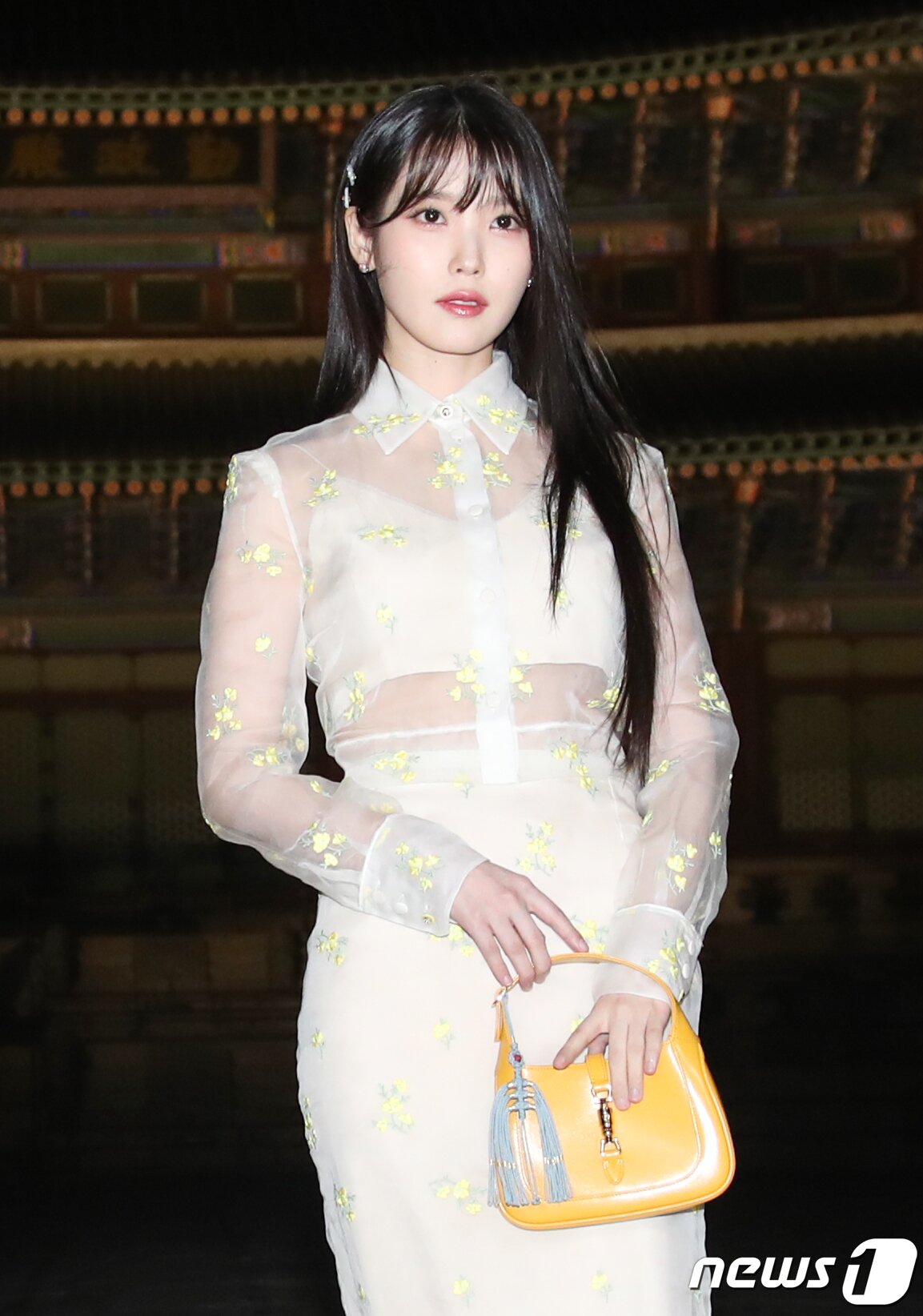 본문 이미지 - 가수 아이유가 자신이의 생일인 16일 서울 종로구 경복궁 근정전 입구에서 진행된 구찌(Gucci)의 2024 크루즈 쇼 포토콜 행사에 참석해 눈부신 미모를 선보이고 있다. ⓒ News1 권현진 기자