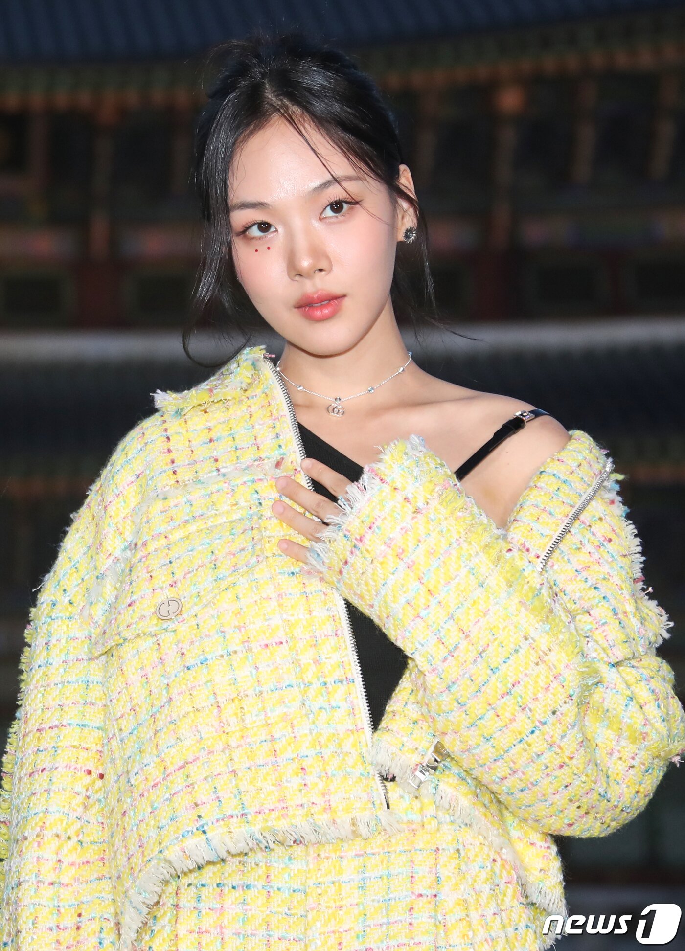 본문 이미지 - 가수 비비가 16일 서울 종로구 경복궁 근정전 입구에서 진행된 구찌(Gucci)의 2024 크루즈 쇼 포토콜 행사에서 매력을 발산하고 있다. ⓒ News1 권현진 기자