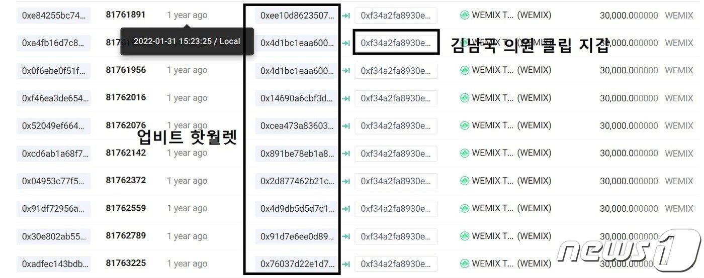  2022년 1월 31일 오후 15시 경 업비트 핫월렛에서 김남국 의원의 클립 지갑으로 21차례에 걸쳐 57만7000여개 위믹스가 보내진 거래내역. 캡처한 거래내역은 21개 거래 내역 중 일부다. 클레이튼스코프 갈무리