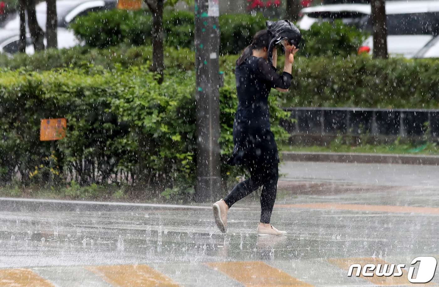 (서울=뉴스1) 구윤성 기자 = 18일 오후 서울 송파구 문정동 일대에서 한 시민이 소나기를 피해 발걸음을 옮기고 있다. 2023.5.18/뉴스1
