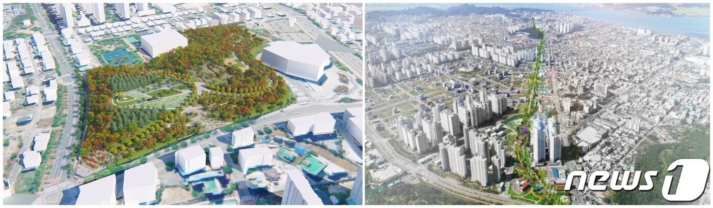 본문 이미지 - 새들허브숲(사진 왼쪽)과 도시바람길숲(철길숲) 조감도.(군산시제공) 2023.5.18/뉴스1