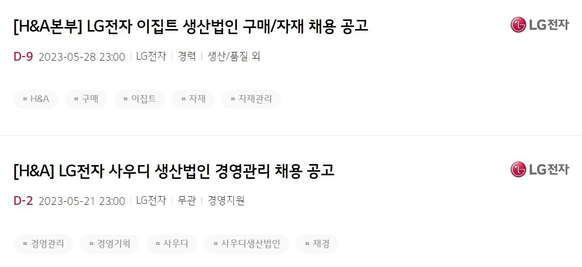 본문 이미지 -  LG그룹 공식 채용사이트 'LG커리어스'에 등록된 중동 및 아프리카 채용 공고. (LG커리어스 갈무리) 