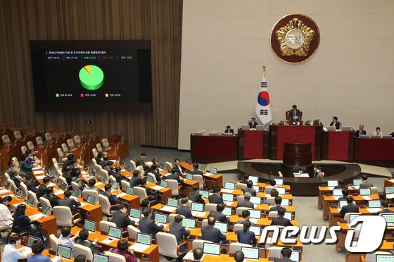 25일 서울 여의도 국회에서 열린 제406회국회(임시회) 제1차 본회의에서 전세사기 피해자들에게 금융 지원을 확대하고 정부가 정부가 경·공매 대행 서비스를 제공하는 내용의 '전세 사기 피해자 지원 및 주거 안정에 관한 특별법' 이 통과되고 있다. 2023.5.25/뉴스1 © News1 송원영 기자