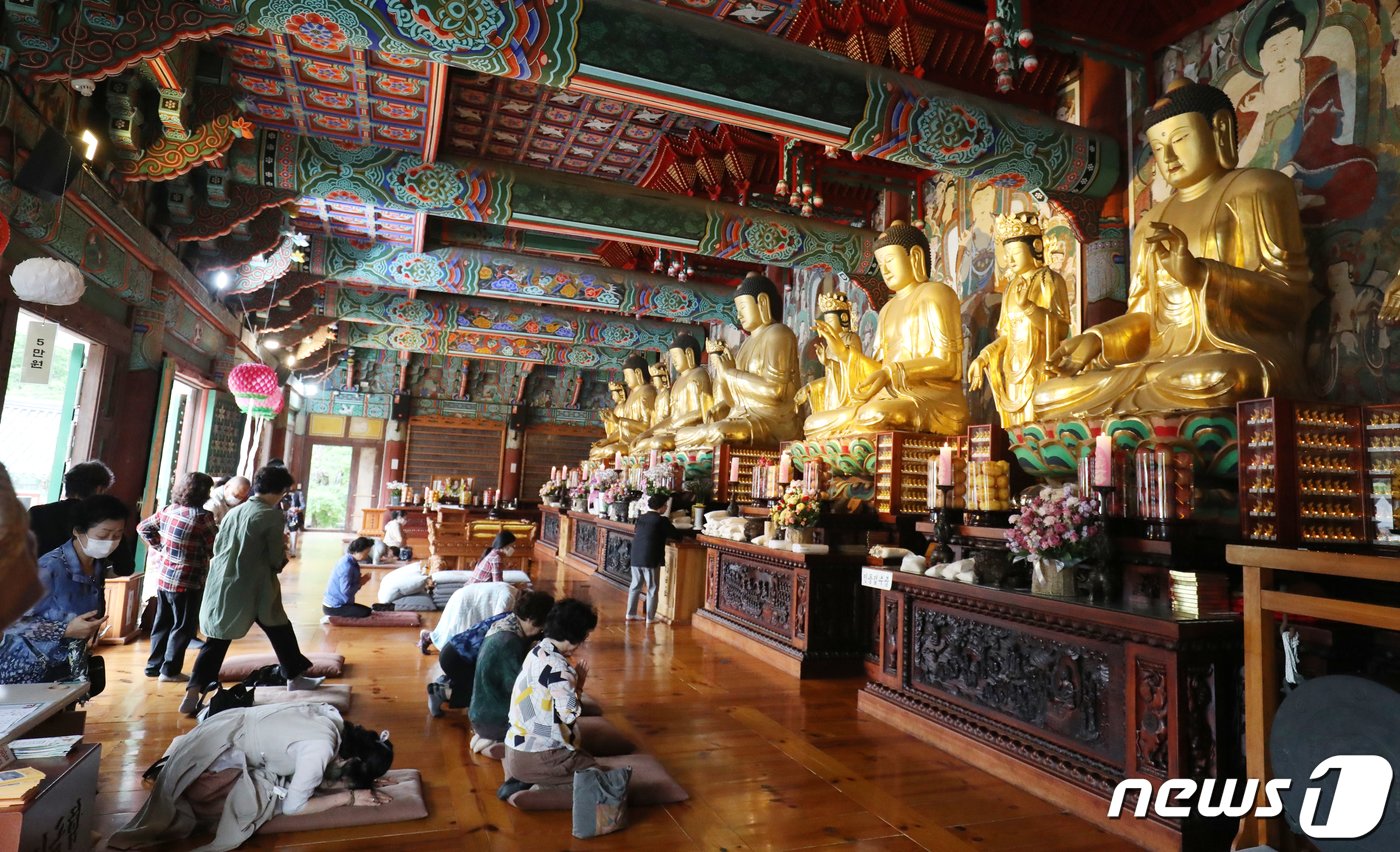 본문 이미지 - 불기 2567년 부처님 오신 날인 27일 전북 김제시 금산사에 불자들이 합장을 하고 기도를 드리고 있다. 2023.5.27/뉴스1 ⓒ News1 유경석 기자