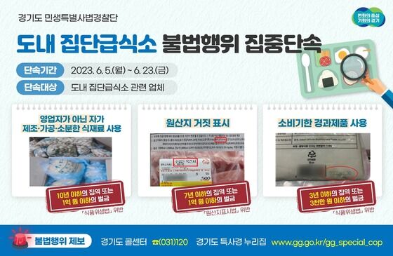 경기도는 6월 5일부터 23일까지 여름철 식중독 예방을 위해 집단급식소의 위생관리 실태와 원산지 거짓 표시, 소비기한 경과제품 사용 등 불법행위를 집중 단속한다고 밝혔다.(경기도 제공)