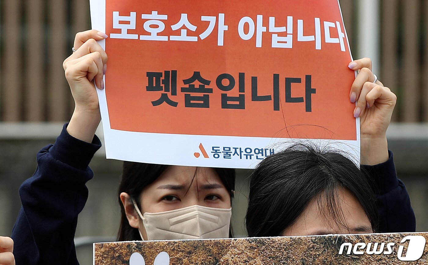 본문 이미지 - 동물보호단체 관계자들이 30일 서울 용산 대통령 집무실 앞에서 열린 신종펫샵 사기 및 동물보호법 위반 고발 기자회견에서 보호소 사칭 펫숍의 참혹한 실체를 알리고 있다. 고 밝혔다. 2023.5.30/뉴스1 ⓒ News1 박지혜 기자