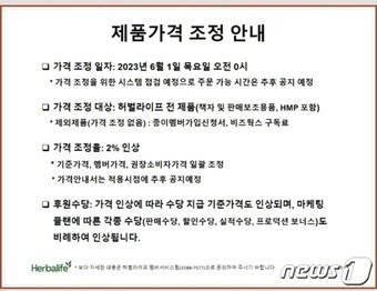  허벌라이프 가격 인상 안내문 &#40;독자 제공&#41;