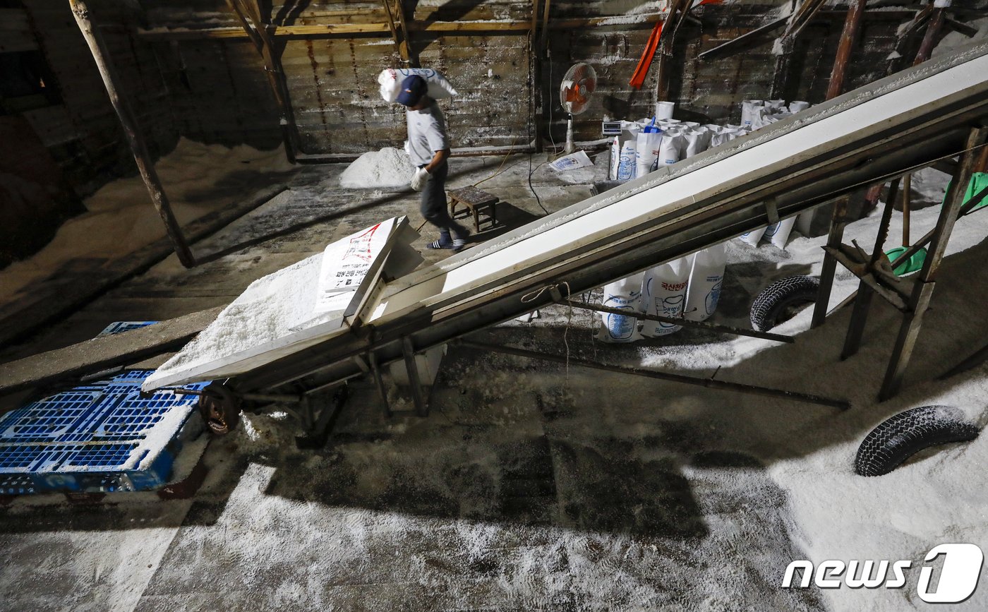 본문 이미지 - 천일염 가격이 급등하고 있다. 최근 잦은 비로 인한 생산량 감소와 후쿠시마 원전 오염수 방류를 앞두고 일부 사재기에 나서면서 가격이 오른 것으로 분석된다. 사진은 12일 경기 화성시 공생염전 소금창고의 모습. 2023.6.12/뉴스1 ⓒ News1 김도우 기자