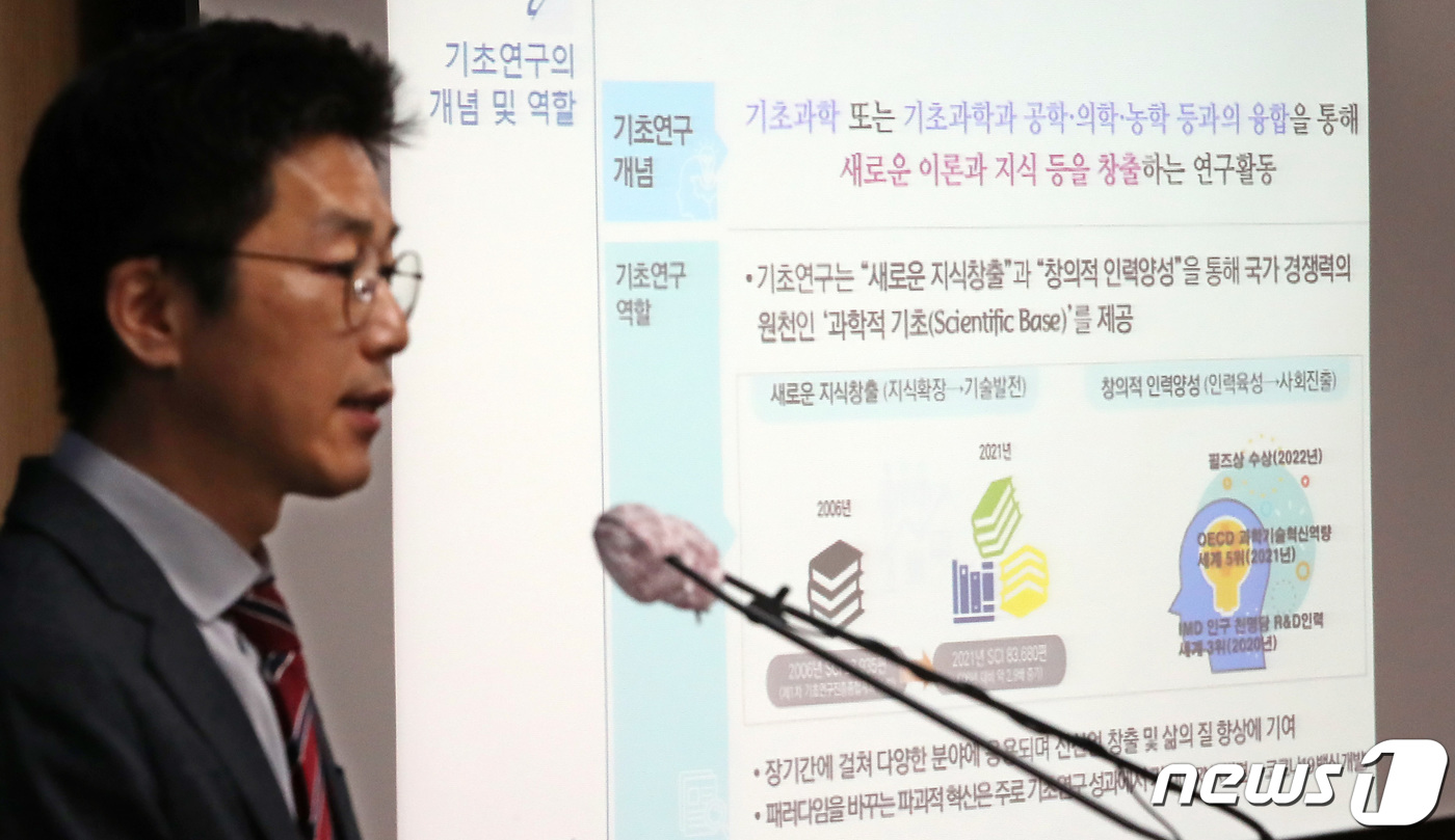 (세종=뉴스1) 김기남 기자 = 윤성훈 과학기술정보통신부 기초연구진흥과장이 15일 오후 세종시 정부세종청사에서 2023년 기초연구과제 신규과제 선정결과 및 성과사례를 발표하고 있다 …