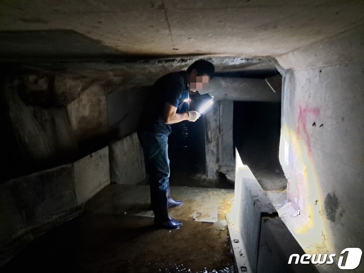 본문 이미지 - 대전 서구 정림동 코스모스아파트 주민이 <뉴스1> 취재진과 함께 단지 내 지하 배수로를 살펴보고 있다. /뉴스1 ⓒNews1 최일 기자